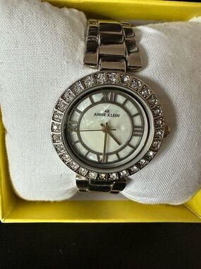 Anne Klein Silver-Tone Crystal Bezel Mother-of-Pearl Dial Watch
